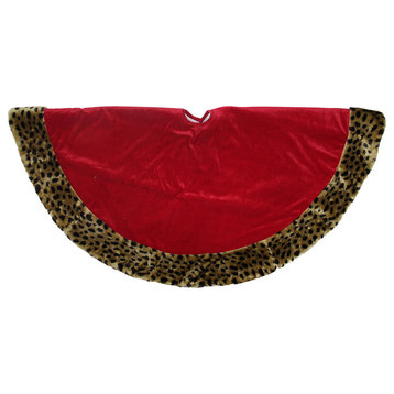 48" Safari Red and Brown Velveteen With Plush Cheetah Print Christmas Tree Skirt