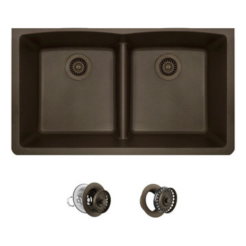 812 Low-Divide Double Bowl Kitchen Sink, Mocha, Colored Strainer/Flange