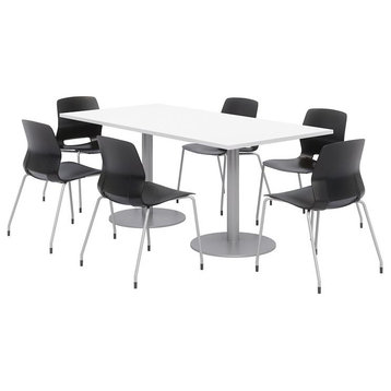 36 x 72" Table - 6 Black Lola Chairs - White Top - Silver Base