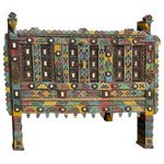 Mogul Interior - Consigned Vintage Indian Console Table Boho Tribal Chest with Storage 52x45 - Bursting with color, culture, and artisanal charm, this Vintage Indian Console Table brings a vibrant bohemian spirit to any space. Originally used as a traditional tribal chest, this piece has been reimagined as a unique console or sideboard, complete with hand-painted detailing, carved accents, and rustic hardware.