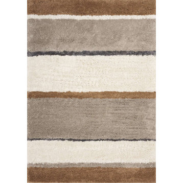 Miley Collection Cream Taupe Brown Striped Soft Shag Rug, 5'3"x7'7"