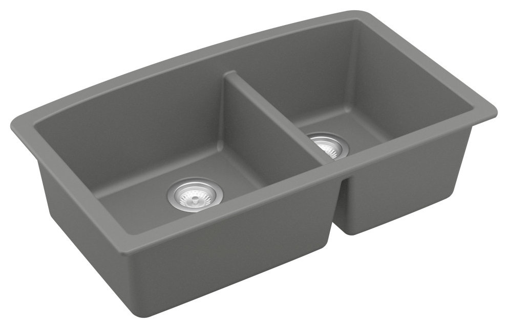 Karran Undermount Quartz 32" 60/40 Double Bowl Kitchen Sink, Grey