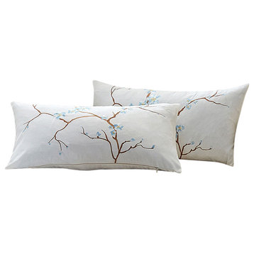 Cherry Blossom Embroidery 2 Piece Pillow Covers, Light Blue, 14" X 26"