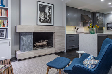 Example of a small trendy open concept slate floor living room design in Baltimore with gray walls, a corner fireplace, a stone fireplace and no tv