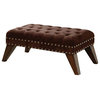 Brown Fabric Tufted Top Bedroom Bench with Brass Pin Trim and Wood Legs