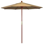 March Products - 7.5' Square Push Lift Wood Umbrella, Champagne Olefin - The classic look of a traditional wood market umbrella by California Umbrella is captured by the MARE design series.  The hallmark of the MARE series is the beautiful 100% marenti wood pole and rib system. The dark stained finish over a traditional marenti wood is perfect for outdoor dining rooms and poolside d-cor. The deluxe push lift system ensures a long lasting shade experience that commercial customers demand. This umbrella also features Olefin fabrics, which are made with high durability synthetic Olefin fibers that offer improved fade resistance over lesser grade fabric materials like polyester and cotton.