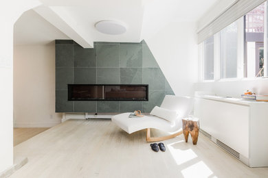 Large trendy loft-style living room photo in New York with a hanging fireplace and a stone fireplace