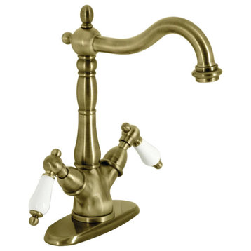 Traditional Bathroom Vessel Faucet, 2 Unique Handles With Curved Spout, Brass