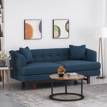 Sparks Mid-Century Modern Upholstered 3 Seater Sofa, Navy Blue/Espresso