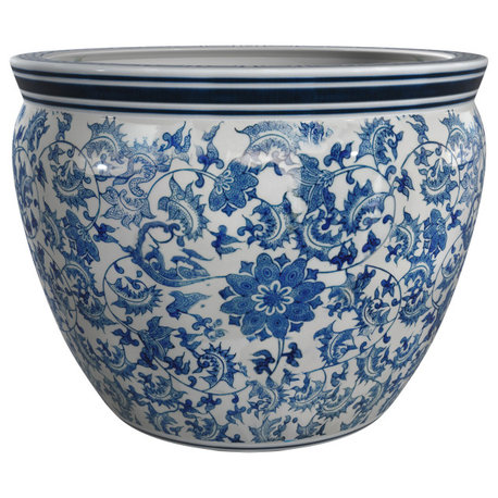 16" Floral Blue and White Porcelain Fishbowl