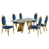 Clear Glass Dining Set with Table and 6 Oval Navy Blue Velvet Chairs