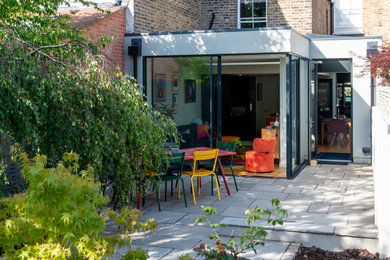 Photo of a medium sized modern back patio in London with a potted garden and concrete paving.
