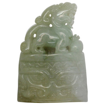 Carved Natural Green Jade Table Top Feng Shui Lucky Pixiu Bell Figure & Pendant