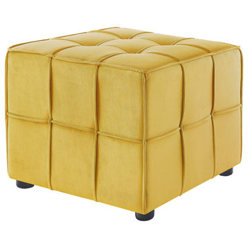 Loft Lyfe Kye Velvet Allover Tufted Cube Ottoman, Yellow