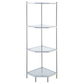Pemberly Row Four-Tier Corner Shelf in Clear Glass/ Chrome