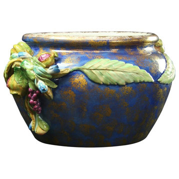 Consigned Italian Majolica Ceramic Bowl  Blue  Fruit and Grapes