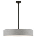Livex Lighting - Elmhurst 5 Light Black Large Drum Pendant - The Elmhurst collection is both modern and versatile. The black finish and hand-crafted urban gray color fabric hardback shade with white color fabric on the inside sets a pleasant mood. This sleek medium five-light drum pendant is a perfect fit for the living room, dining room, kitchen and bedroom.