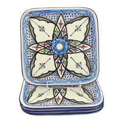 Le Souk Ceramique - Square Stoneware Plates, Set of 4, Tibarine Design - Serving Dishes And Platters