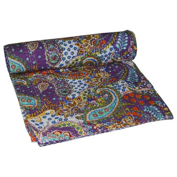 Purple Paisley Print Vintage Kantha Quilt Throw Blanket Gudari