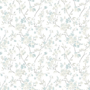 3122-10910 Glinda Floral Trail Wallpaper in Aqua Blue Gray Hand Painted Flowers