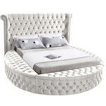 Meridian Furniture - Luxus Button Tufted Velvet Round Bed, Cream, Full - Marvel at the remarkable beauty and graceful lines of this round Luxus cream velvet full size bed. The headboard, footboard and side rails are all adorned with deep button tufting, and there is nailhead trim on both sides of the tall headboard. The footboard and side rails all contain ample storage and seating, making it easy to sit down in comfort so you can put on your pants or shoes.
