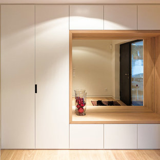 На фото: огромный тамбур в современном стиле с белыми стенами, светлым паркетным полом и одностворчатой входной дверью с