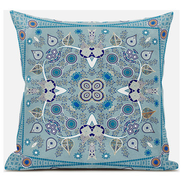 18" X 18" Blue and Beige Broadcloth Paisley Zippered Pillow