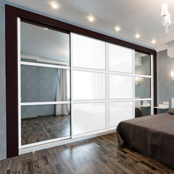 4-Leaf Modern Bypass Sliding Doors With Glass Painted & Mirror , 96"x80"