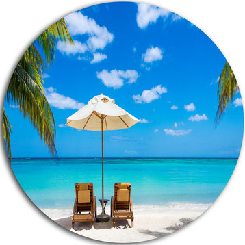 Turquoise Beach With Chairs, Seashore Photo Round Wall Art, 11"