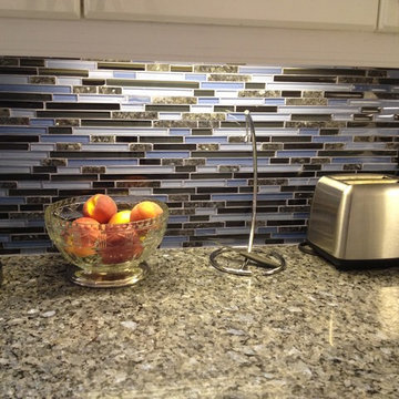 Blue Pearl Granite Counter with Glass & Granite Backsplash & undercabinet lights