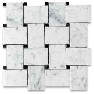 Wide Big Basketweave Carrara White Marble Mosaic Tile Honed Black Dots, 1 sheet