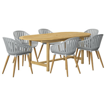 Amazonia Lauda Teak 7 Piece Outdoor Oval Extendable Dining Set With Gray Chairs