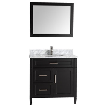 Vanity Set With Carrara Marble Top, 36", Espresso, Led Sensor-Switch Mirror