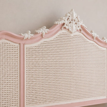 Hand-Carved French Rococo Cane Headboard | Pink Louis XV Bed Detail