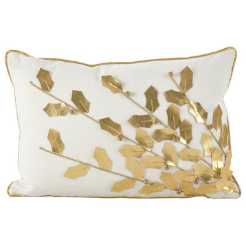 Metallic Poinsettia Branch Design Holiday Cotton Throw Pillow, Gold, 12"x18", Poly Filled