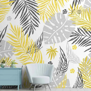 Yellow & Grey Tropical Leaves , Room Wallpaper