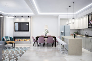 Источник вдохновения для домашнего уюта: гостиная комната в современном стиле с серыми стенами, горизонтальным камином и телевизором на стене