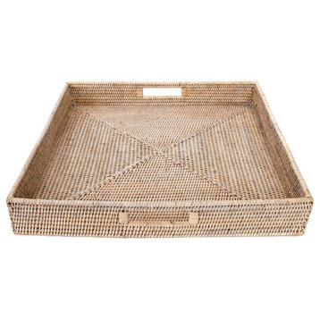 Artifacts Rattan™ Square Ottoman Tray with Cutout Handles, White Wash, 20"x20"
