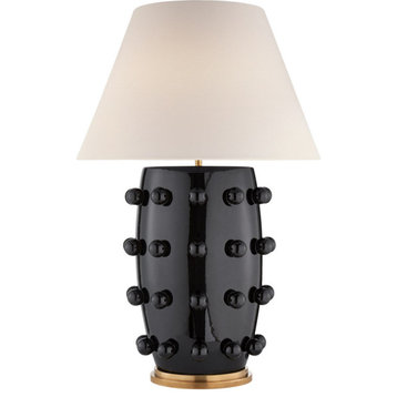 Linden Table Lamp, 1-Light, Black Porcelain, Linen Shade, 34.25"H
