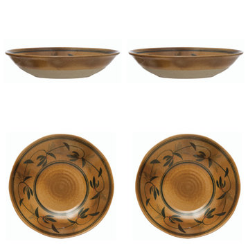 Hand-Painted Stoneware Serving Bowl With Vine Design, Brown/Black, Set of 4
