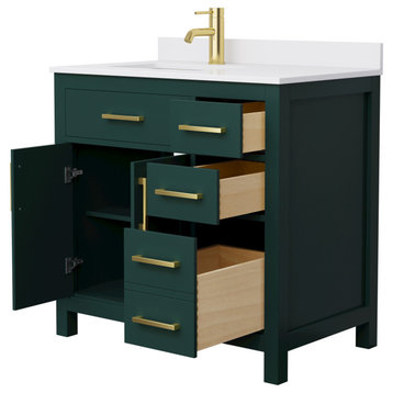Beckett 36" Green Single Vanity, White Cultured Marble Top, Gold Trim