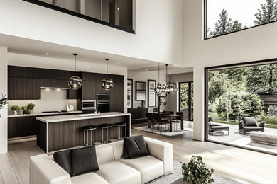 Inspiration for a mid-sized contemporary formal living room in Melbourne with white walls, light hardwood floors and a built-in media wall.