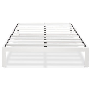 Modern Platform Bed, White Painted Metal Frame With Wide Slat Support, Queen