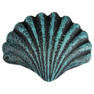 Scallop Shell Shaped Drawer Pull Cast Iron Painted Dark Blue Distressed Finish
