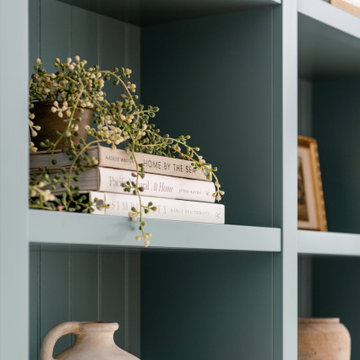 Modern Heritage Built-In Shelving with Soft Blue Finish – Living Room Detail, Vi