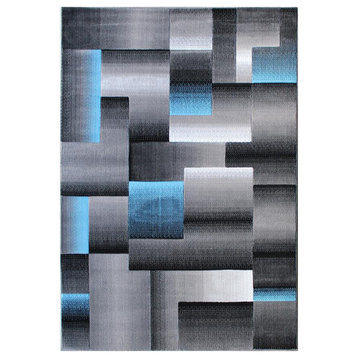 Elio Collection 5' x 7' Blue Color Blocked Area Rug - Olefin Rug with Jute...