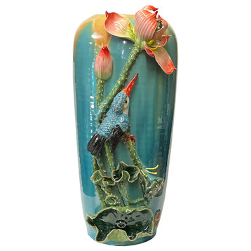 Chinese Turquoise Dimensional Flower Bird Holder Pot Art Vase Hws3075