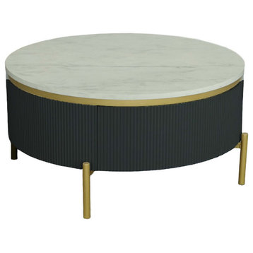 Deco District Round Cocktail Table, Black/Faux Marble/Gold