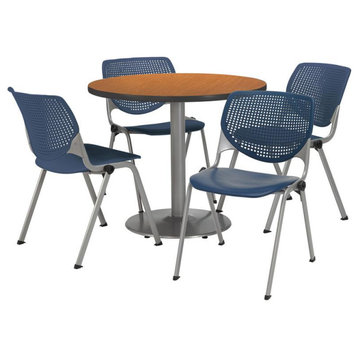 KFI Round 42" Pedestal Table - 4 Navy KOOL Chairs - Medium Oak Top