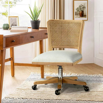 Unique Armless Office Chair, Swiveling Cushioned Seat & Rattan Backrest, Linen